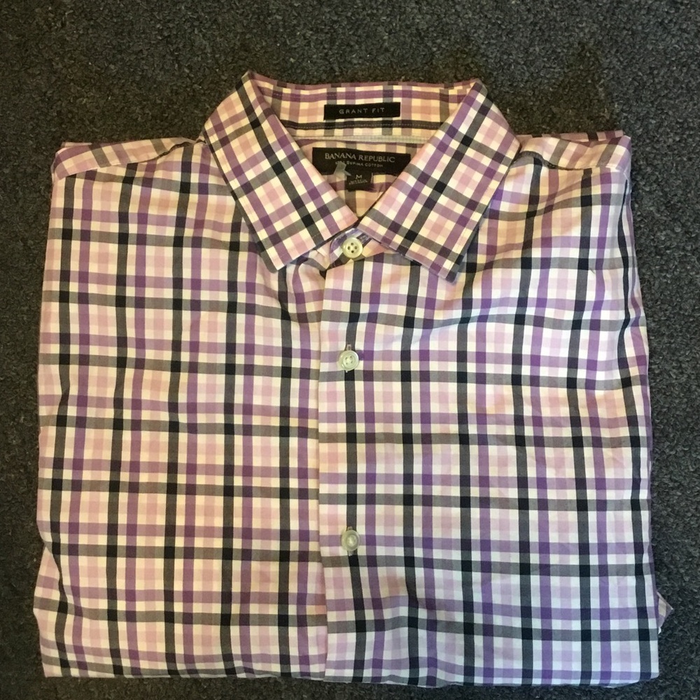Banana Republic Men's Purple and White Plaid Button-Down Shirt